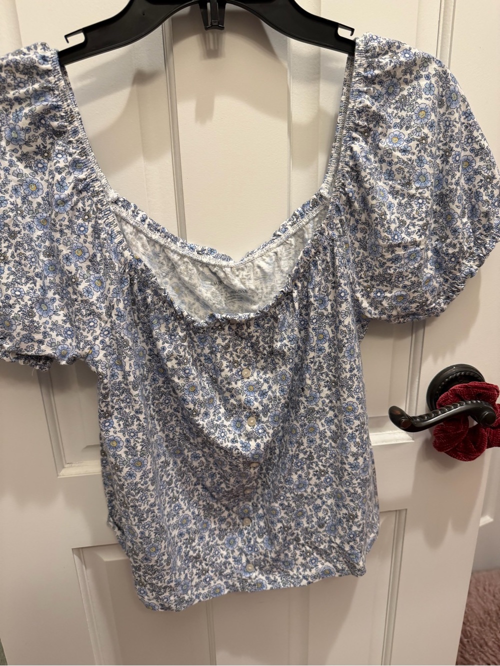 American Eagle Outfitters Light Blue Floral Puff-Sleeve Top